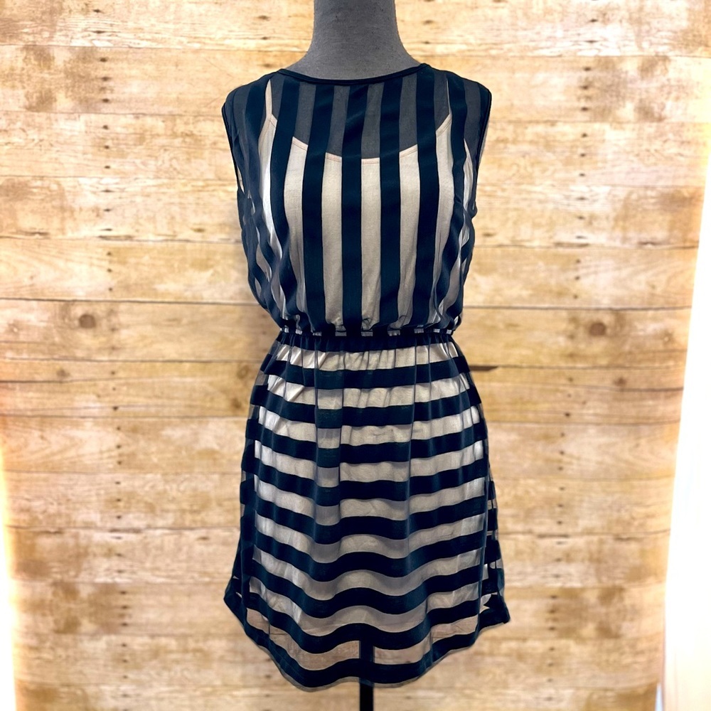 Black sheer stripe sleeveless mini dress. Size Small.